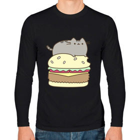 Мужской лонгслив хлопок с принтом Котик с бургером , 100% хлопок |  | Тематика изображения на принте: бургер | еда | животные | кот