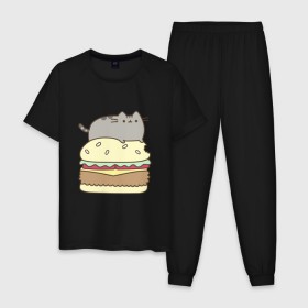 Мужская пижама хлопок с принтом Котик с бургером , 100% хлопок | брюки и футболка прямого кроя, без карманов, на брюках мягкая резинка на поясе и по низу штанин
 | Тематика изображения на принте: бургер | еда | животные | кот