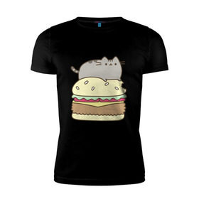 Мужская футболка премиум с принтом Котик с бургером , 92% хлопок, 8% лайкра | приталенный силуэт, круглый вырез ворота, длина до линии бедра, короткий рукав | бургер | еда | животные | кот