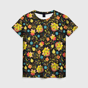 Женская футболка 3D с принтом Хохлома , 100% полиэфир ( синтетическое хлопкоподобное полотно) | прямой крой, круглый вырез горловины, длина до линии бедер | голубые | девушкам | желтые | красные | цветы