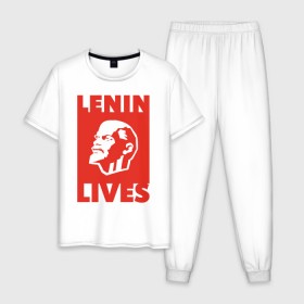 Мужская пижама хлопок с принтом Ленин жив , 100% хлопок | брюки и футболка прямого кроя, без карманов, на брюках мягкая резинка на поясе и по низу штанин
 | lenin | вождь | кпссс | ленин | патриот | россия | советский | советский союз | ссср