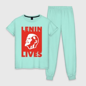 Женская пижама хлопок с принтом Ленин жив , 100% хлопок | брюки и футболка прямого кроя, без карманов, на брюках мягкая резинка на поясе и по низу штанин | lenin | вождь | кпссс | ленин | патриот | россия | советский | советский союз | ссср