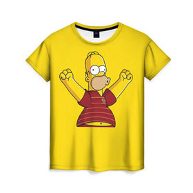 Женская футболка 3D с принтом Гомер-болельщик , 100% полиэфир ( синтетическое хлопкоподобное полотно) | прямой крой, круглый вырез горловины, длина до линии бедер | simpsons
