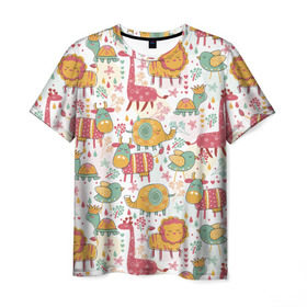 Мужская футболка 3D с принтом Детские рисунки , 100% полиэфир | прямой крой, круглый вырез горловины, длина до линии бедер | дети | животные | жираф | лев | птица | рисунок | слон | фауна | черепаха