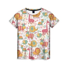 Женская футболка 3D с принтом Детские рисунки , 100% полиэфир ( синтетическое хлопкоподобное полотно) | прямой крой, круглый вырез горловины, длина до линии бедер | дети | животные | жираф | лев | птица | рисунок | слон | фауна | черепаха