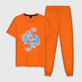 Мужская пижама хлопок с принтом Японские карпы Кои , 100% хлопок | брюки и футболка прямого кроя, без карманов, на брюках мягкая резинка на поясе и по низу штанин
 | вода | зодиак | карп | кои | рыба | япония