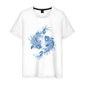 Мужская футболка хлопок с принтом Японские карпы Кои , 100% хлопок | прямой крой, круглый вырез горловины, длина до линии бедер, слегка спущенное плечо. | вода | зодиак | карп | кои | рыба | япония