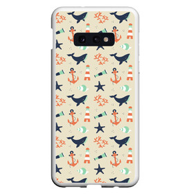 Чехол для Samsung S10E с принтом Морской узор , Силикон | Область печати: задняя сторона чехла, без боковых панелей | буй | вода | звезда | кит | коралл | маяк | мозаика | море | океан | песок | ракушка | узор | якорь