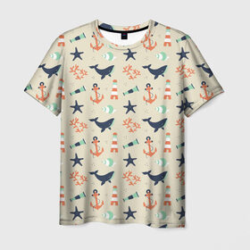 Мужская футболка 3D с принтом Морской узор , 100% полиэфир | прямой крой, круглый вырез горловины, длина до линии бедер | буй | вода | звезда | кит | коралл | маяк | мозаика | море | океан | песок | ракушка | узор | якорь