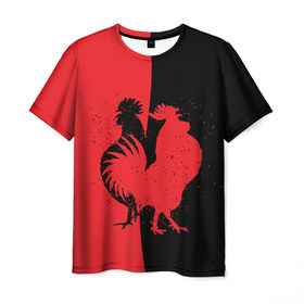 Мужская футболка 3D с принтом черное и красное , 100% полиэфир | прямой крой, круглый вырез горловины, длина до линии бедер | 2017 | new year | год | новогодний | новый | огненный | петух | петушок | с новым годом
