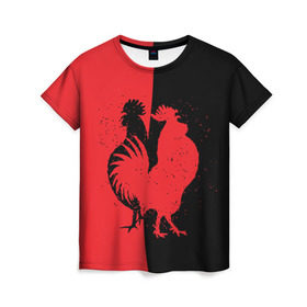 Женская футболка 3D с принтом черное и красное , 100% полиэфир ( синтетическое хлопкоподобное полотно) | прямой крой, круглый вырез горловины, длина до линии бедер | Тематика изображения на принте: 2017 | new year | год | новогодний | новый | огненный | петух | петушок | с новым годом