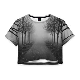 Женская футболка 3D укороченная с принтом Тропинка , 100% полиэстер | круглая горловина, длина футболки до линии талии, рукава с отворотами | деревья | дорожка | природа | тропинка | туман