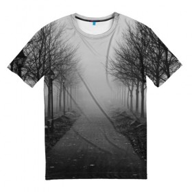 Мужская футболка 3D с принтом Тропинка , 100% полиэфир | прямой крой, круглый вырез горловины, длина до линии бедер | деревья | дорожка | природа | тропинка | туман
