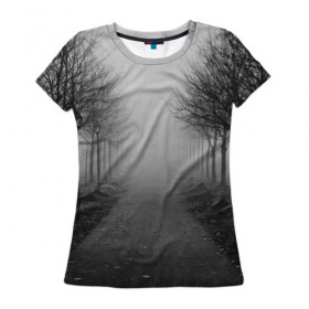 Женская футболка 3D с принтом Тропинка , 100% полиэфир ( синтетическое хлопкоподобное полотно) | прямой крой, круглый вырез горловины, длина до линии бедер | деревья | дорожка | природа | тропинка | туман