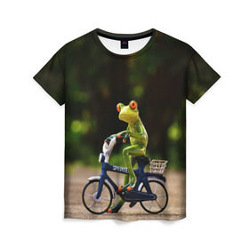 Женская футболка 3D с принтом Лягушка , 100% полиэфир ( синтетическое хлопкоподобное полотно) | прямой крой, круглый вырез горловины, длина до линии бедер | велосипед | жаба | животные | лягушка | мини | фигурка