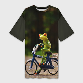 Платье-футболка 3D с принтом Лягушка ,  |  | Тематика изображения на принте: велосипед | жаба | животные | лягушка | мини | фигурка
