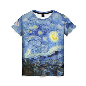 Женская футболка 3D с принтом Звездная ночь , 100% полиэфир ( синтетическое хлопкоподобное полотно) | прямой крой, круглый вырез горловины, длина до линии бедер | starry night | ван гог | город | звезды | импрессионизм | луна | ночь | художник