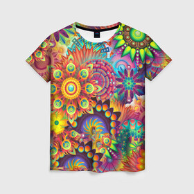 Женская футболка 3D с принтом Цветной узор , 100% полиэфир ( синтетическое хлопкоподобное полотно) | прямой крой, круглый вырез горловины, длина до линии бедер | узор | цветной