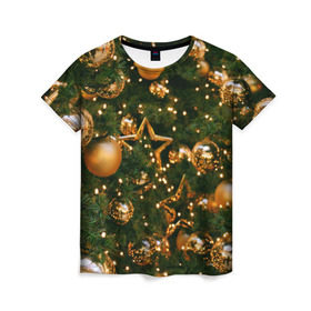 Женская футболка 3D с принтом Праздничные шары , 100% полиэфир ( синтетическое хлопкоподобное полотно) | прямой крой, круглый вырез горловины, длина до линии бедер | елка | елочные | звезды | золото | игрушки | хвоя | шары