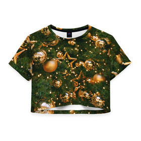 Женская футболка 3D укороченная с принтом Праздничные шары , 100% полиэстер | круглая горловина, длина футболки до линии талии, рукава с отворотами | елка | елочные | звезды | золото | игрушки | хвоя | шары