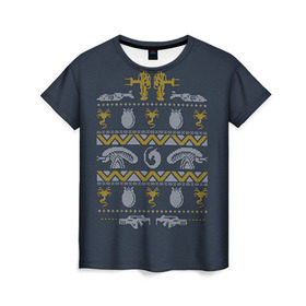 Женская футболка 3D с принтом Новогодний свитер Чужой , 100% полиэфир ( синтетическое хлопкоподобное полотно) | прямой крой, круглый вырез горловины, длина до линии бедер | alien | new year | новогодний