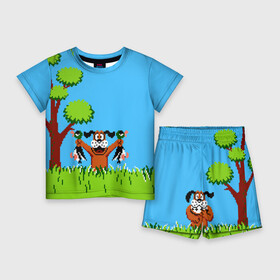 Детский костюм с шортами 3D с принтом Утиная охота ,  |  | Тематика изображения на принте: 8 бит | 90 | dendy | nes | денди | охотник | пиксель | приставка | ретро | собака | утка