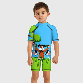 Детский купальный костюм 3D с принтом Утиная охота , Полиэстер 85%, Спандекс 15% | застежка на молнии на спине | 8 бит | 90 | dendy | nes | денди | охотник | пиксель | приставка | ретро | собака | утка