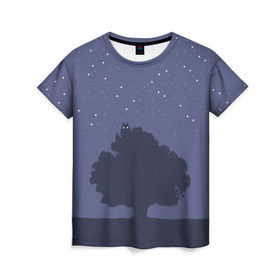 Женская футболка 3D с принтом Тоторо на дереве , 100% полиэфир ( синтетическое хлопкоподобное полотно) | прямой крой, круглый вырез горловины, длина до линии бедер | 