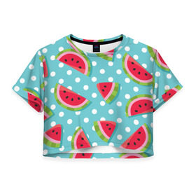 Женская футболка 3D укороченная с принтом Арбузный рай , 100% полиэстер | круглая горловина, длина футболки до линии талии, рукава с отворотами | berry | eat | fruit | pattern | sweet | watermelon | арбуз | еда | сладость | узор | фрукт | ягода