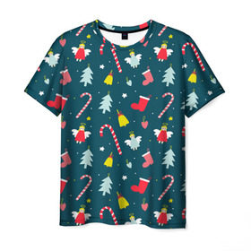 Мужская футболка 3D с принтом Новогодний узор , 100% полиэфир | прямой крой, круглый вырез горловины, длина до линии бедер | Тематика изображения на принте: ангел | ёлка | ель | зима | колокольчик | нг | новый год | олень | рождество | санта | снег