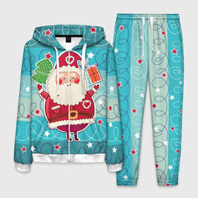 Мужской костюм 3D с принтом Дед мороз с подарками , 100% полиэстер | Манжеты и пояс оформлены тканевой резинкой, двухслойный капюшон со шнурком для регулировки, карманы спереди | 2017 | дед мороз | новогодняя елка | новый год | подарок на новый год | санта | санта клаус | снег | снежинки