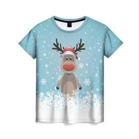 Женская футболка 3D с принтом Рудольф , 100% полиэфир ( синтетическое хлопкоподобное полотно) | прямой крой, круглый вырез горловины, длина до линии бедер | ангел | ёлка | ель | зима | колокольчик | нг | новый год | олень | рождество | санта | снег
