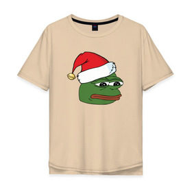 Мужская футболка хлопок Oversize с принтом New year sad frog , 100% хлопок | свободный крой, круглый ворот, “спинка” длиннее передней части | pepe | новогодний | пепе | шапка