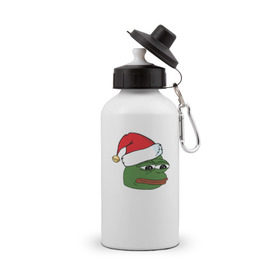 Бутылка спортивная с принтом New year sad frog , металл | емкость — 500 мл, в комплекте две пластиковые крышки и карабин для крепления | pepe | новогодний | пепе | шапка
