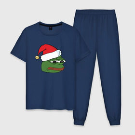 Мужская пижама хлопок с принтом New year sad frog , 100% хлопок | брюки и футболка прямого кроя, без карманов, на брюках мягкая резинка на поясе и по низу штанин
 | pepe | новогодний | пепе | шапка