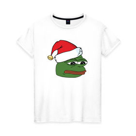 Женская футболка хлопок с принтом New year sad frog , 100% хлопок | прямой крой, круглый вырез горловины, длина до линии бедер, слегка спущенное плечо | pepe | новогодний | пепе | шапка