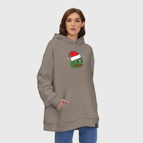 Худи SuperOversize хлопок с принтом New year sad frog , 70% хлопок, 30% полиэстер, мягкий начес внутри | карман-кенгуру, эластичная резинка на манжетах и по нижней кромке, двухслойный капюшон
 | pepe | новогодний | пепе | шапка