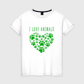Женская футболка хлопок с принтом i love animals , 100% хлопок | прямой крой, круглый вырез горловины, длина до линии бедер, слегка спущенное плечо | cat | арт | добро | животные | кот | котенок | котик | кошка | любовь | принт | рисунок | сердце