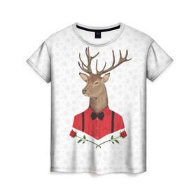 Женская футболка 3D с принтом Christmas Deer , 100% полиэфир ( синтетическое хлопкоподобное полотно) | прямой крой, круглый вырез горловины, длина до линии бедер | new year | олень | рождество | роза | снег | узор