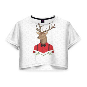 Женская футболка 3D укороченная с принтом Christmas Deer , 100% полиэстер | круглая горловина, длина футболки до линии талии, рукава с отворотами | new year | олень | рождество | роза | снег | узор