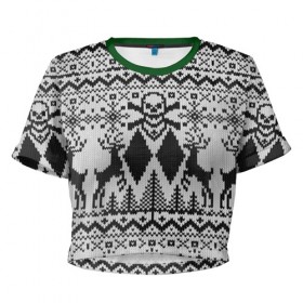 Женская футболка 3D укороченная с принтом Dead Christmas , 100% полиэстер | круглая горловина, длина футболки до линии талии, рукава с отворотами | new year | олень | рождество | снег | узор | череп