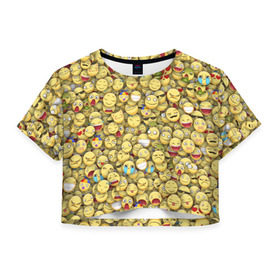 Женская футболка 3D укороченная с принтом Смайлики. Стикербомбинг , 100% полиэстер | круглая горловина, длина футболки до линии талии, рукава с отворотами | emoji | желтый | мем | смайл | стикербомбинг | текстура | улыбка | эмодзи