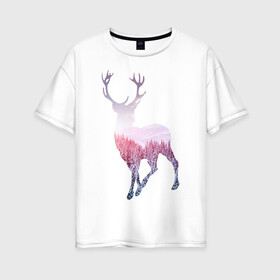 Женская футболка хлопок Oversize с принтом олень зима , 100% хлопок | свободный крой, круглый ворот, спущенный рукав, длина до линии бедер
 | деревья | зима | лось | облака | олень | рога | снег | солнце