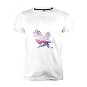 Мужская футболка премиум с принтом орел зима , 92% хлопок, 8% лайкра | приталенный силуэт, круглый вырез ворота, длина до линии бедра, короткий рукав | деревья | зима | облака | орел | птица | снег | солнце