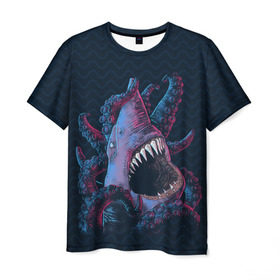 Мужская футболка 3D с принтом Underwater Fight , 100% полиэфир | прямой крой, круглый вырез горловины, длина до линии бедер | акула | осьминог
