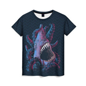 Женская футболка 3D с принтом Underwater Fight , 100% полиэфир ( синтетическое хлопкоподобное полотно) | прямой крой, круглый вырез горловины, длина до линии бедер | акула | осьминог
