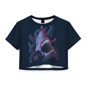 Женская футболка 3D укороченная с принтом Underwater Fight , 100% полиэстер | круглая горловина, длина футболки до линии талии, рукава с отворотами | Тематика изображения на принте: акула | осьминог