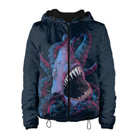 Женская куртка 3D с принтом Underwater Fight , ткань верха — 100% полиэстер, подклад — флис | прямой крой, подол и капюшон оформлены резинкой с фиксаторами, два кармана без застежек по бокам, один большой потайной карман на груди. Карман на груди застегивается на липучку | Тематика изображения на принте: акула | осьминог