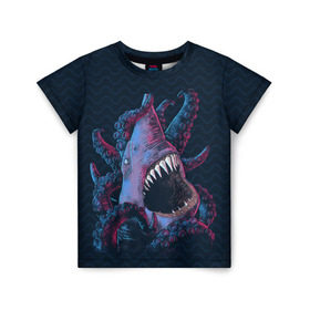 Детская футболка 3D с принтом Underwater Fight , 100% гипоаллергенный полиэфир | прямой крой, круглый вырез горловины, длина до линии бедер, чуть спущенное плечо, ткань немного тянется | акула | осьминог