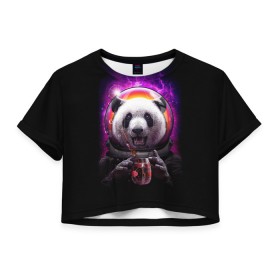 Женская футболка 3D укороченная с принтом Panda Cosmonaut , 100% полиэстер | круглая горловина, длина футболки до линии талии, рукава с отворотами | bear | galaxy | panda | space | star | астронавт | галактика | звезда | космонавт | космос | медведь | панда